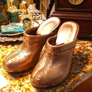 Michael Kors, 8, gold leather and wood mules